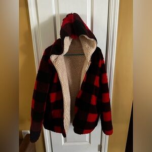 Cozy Sherpa Buffalo Check Open Front Hoodie